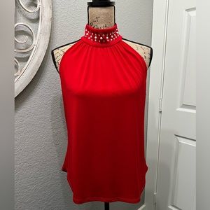 7th Avenue New York & Co Red High Neck Halter Top Small Jeweled Choker